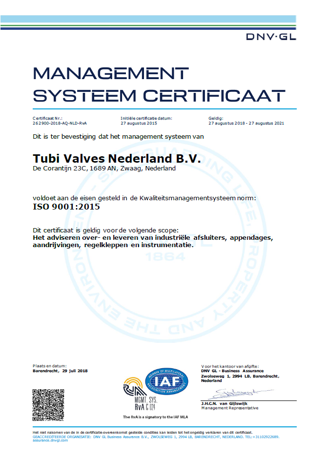 Tubi Valbes ISO9001:2015 gecertificeerd