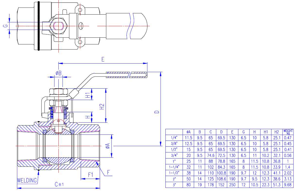MArs V28 kogelkraan tubi Valves